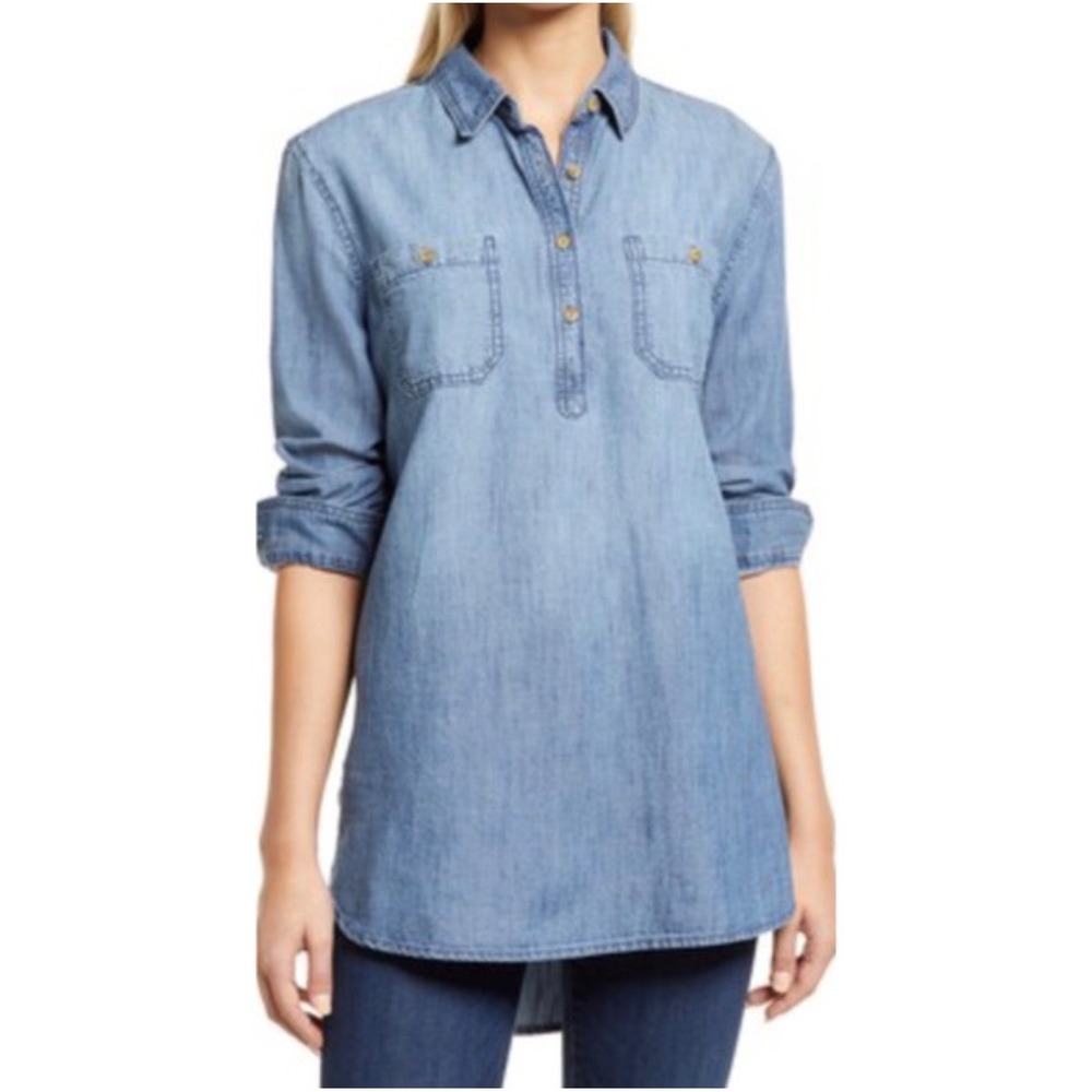Caslon Women's Denim Shirt Tunic Top Blue Long‎ Sleeve Button Down Size L